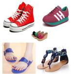 Many different kinds of shoes.