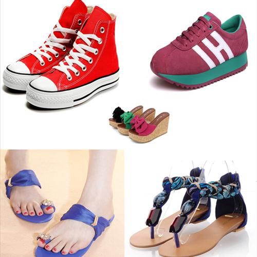 Many different kinds of shoes.